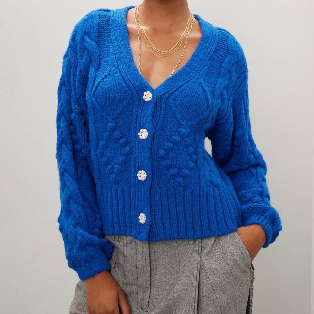 Slate & Willow Bobble Chunky Knit Cardigan Sweater Women's Med Blue Grannycore